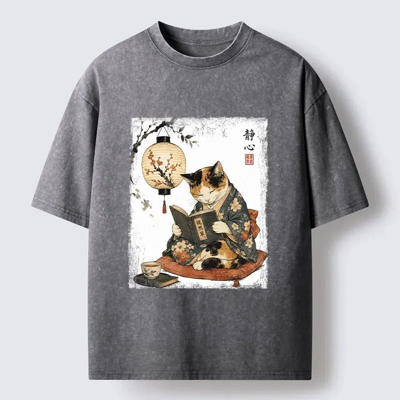 Cute Cat Reading Book Washed T-Shirt on Sale