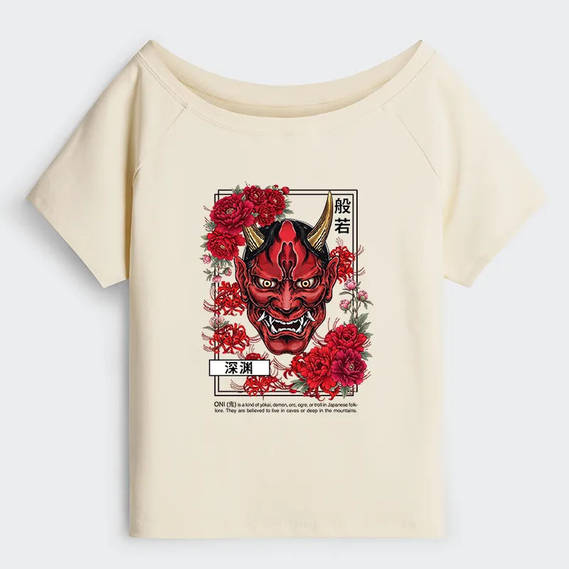 Kyoto-Lion Cool Oni Floral Art Off Shoulder T-Shirt