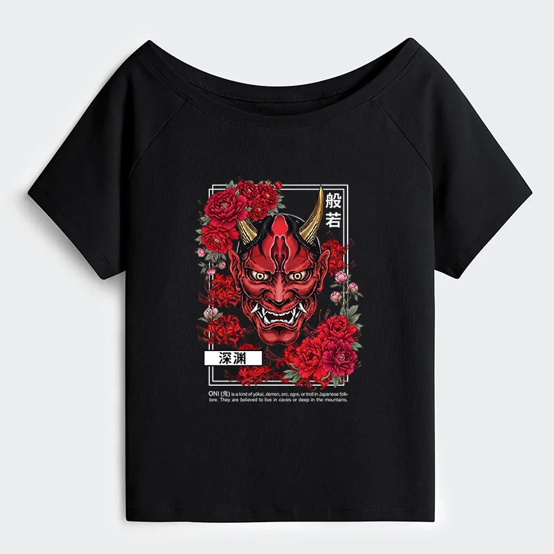 Kyoto-Lion Cool Oni Floral Art Off Shoulder T-Shirt