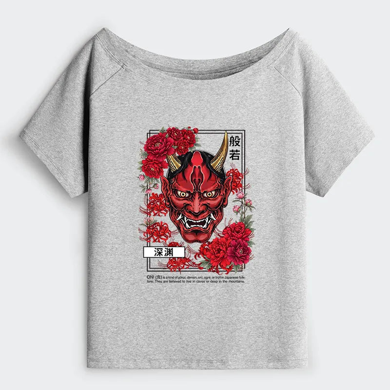 Kyoto-Lion Cool Oni Floral Art Off Shoulder T-Shirt