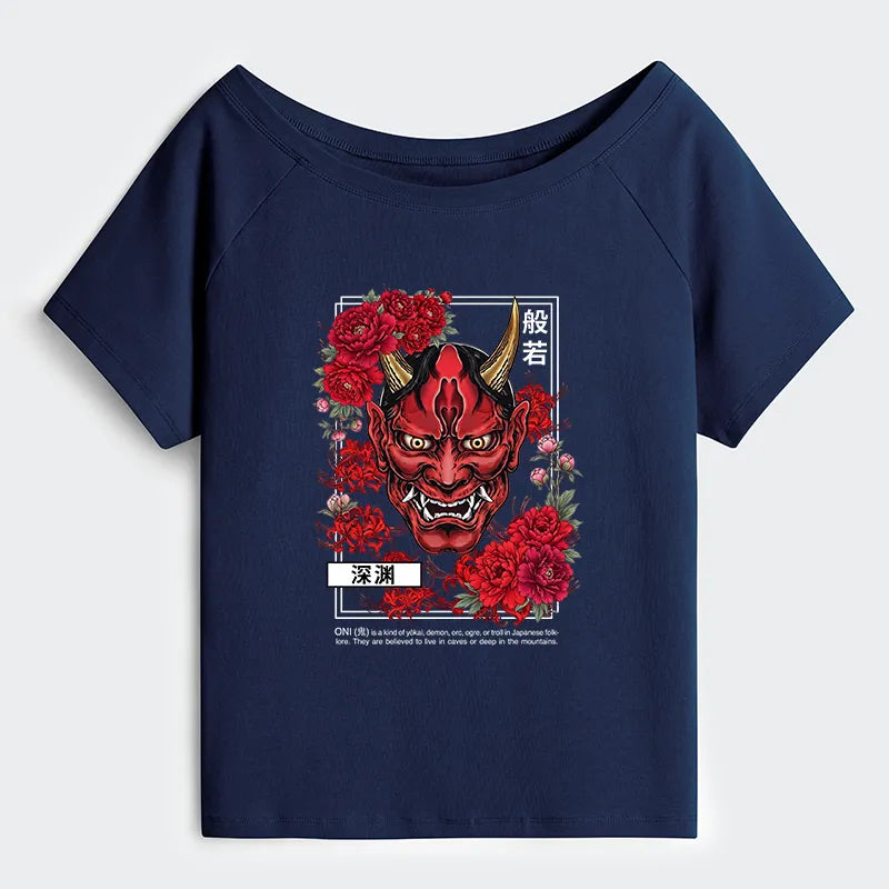 Kyoto-Lion Cool Oni Floral Art Off Shoulder T-Shirt
