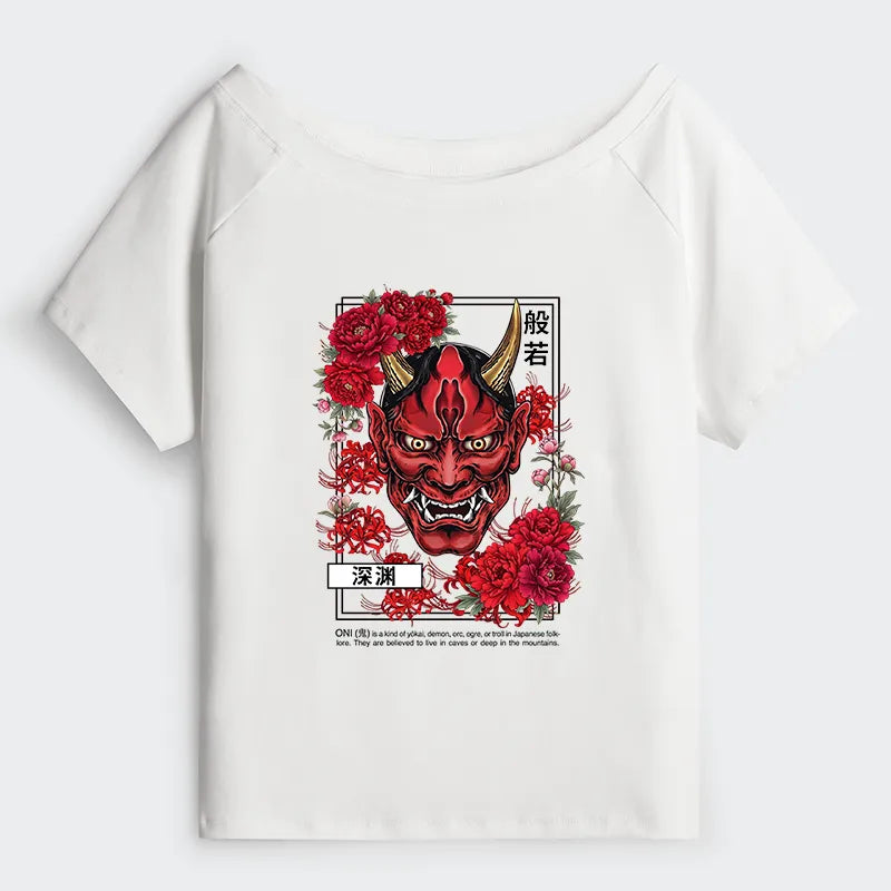 Kyoto-Lion Cool Oni Floral Art Off Shoulder T-Shirt