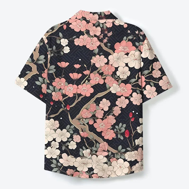 Japanese Sakura Cuban Collar Shirt for Summer