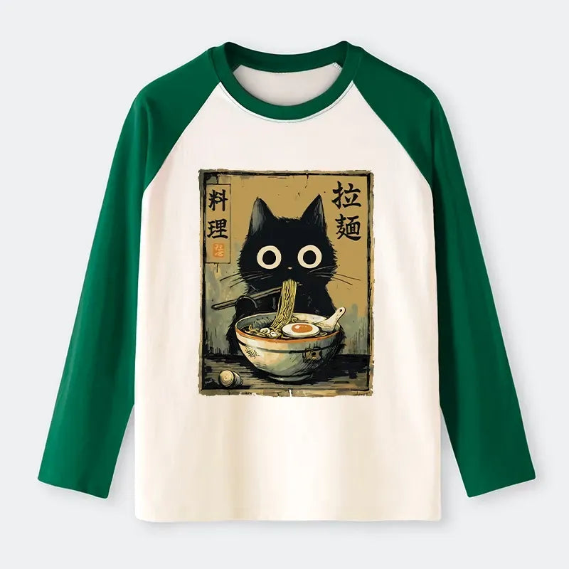 Japanese Cat Ramen Raglan T-shirt for Anime Lover