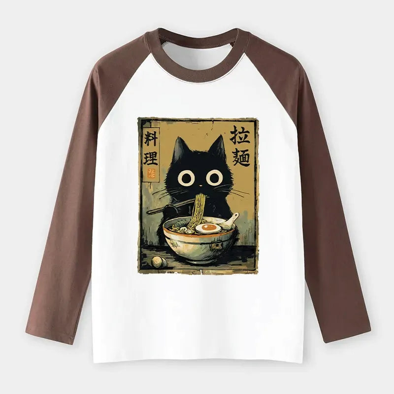 Japanese Cat Ramen Raglan T-shirt for Anime Lover