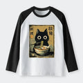 Cute Black Cat Eating Ramen Japan Raglan Long Sleeve T-shirt