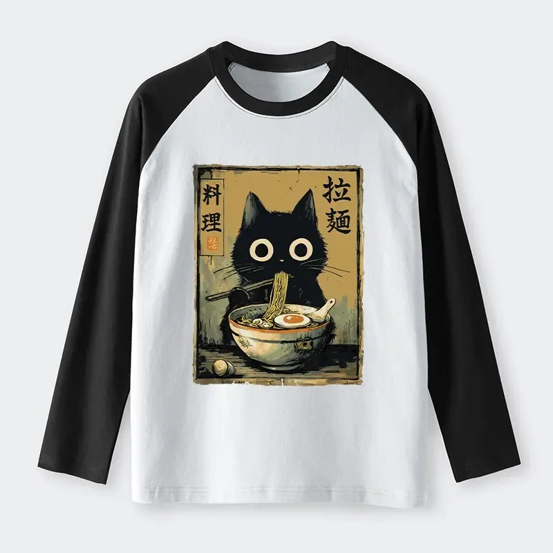Cute Black Cat Eating Ramen Japan Raglan Long Sleeve T-shirt