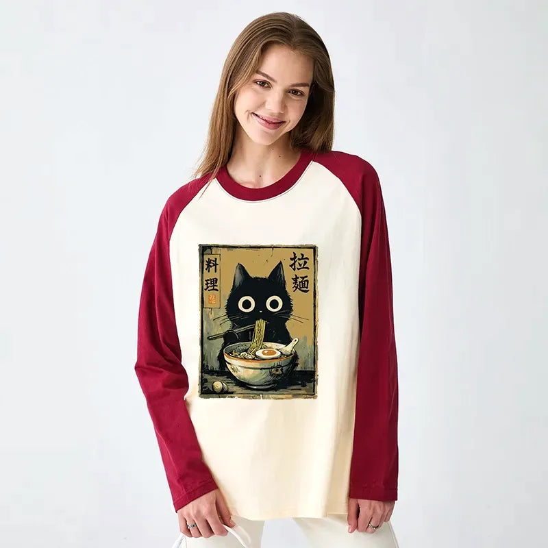 Cute Black Cat Eating Ramen Japan Raglan Long Sleeve T-shirt