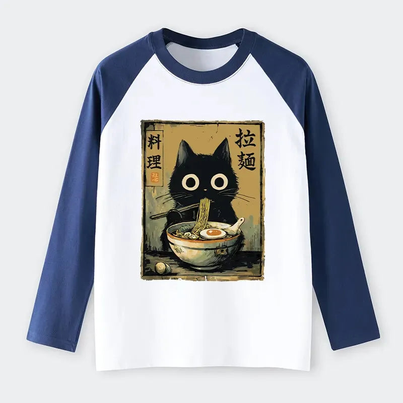 Japanese Cat Ramen Raglan T-shirt for Anime Lover