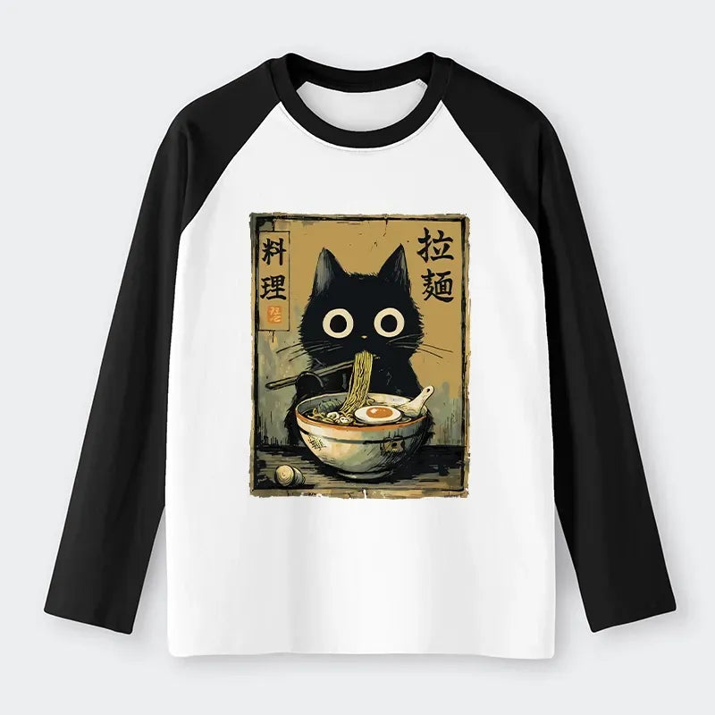 Japanese Cat Ramen Raglan T-shirt for Anime Lover