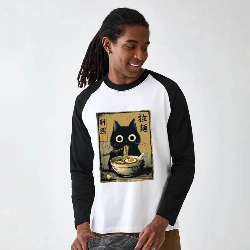 Kyoto-Lion Cute Black Cat Eating Ramen Japan Raglan Long Sleeve T-shirt