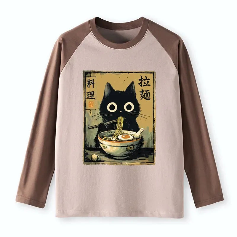 Japanese Cat Ramen Raglan T-shirt for Anime Lover