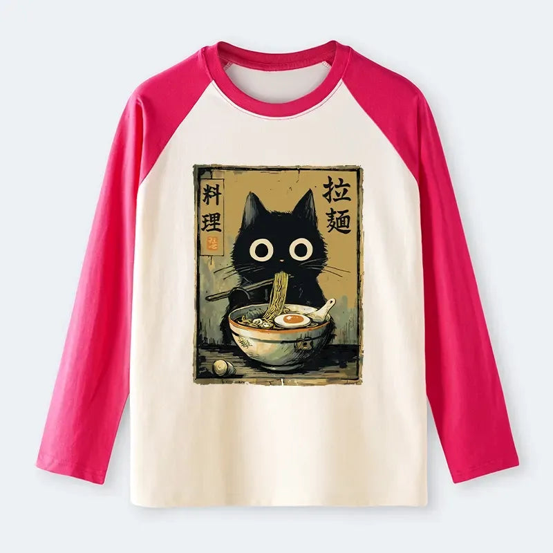 Cute Black Cat Eating Ramen Japan Raglan Long Sleeve T-shirt