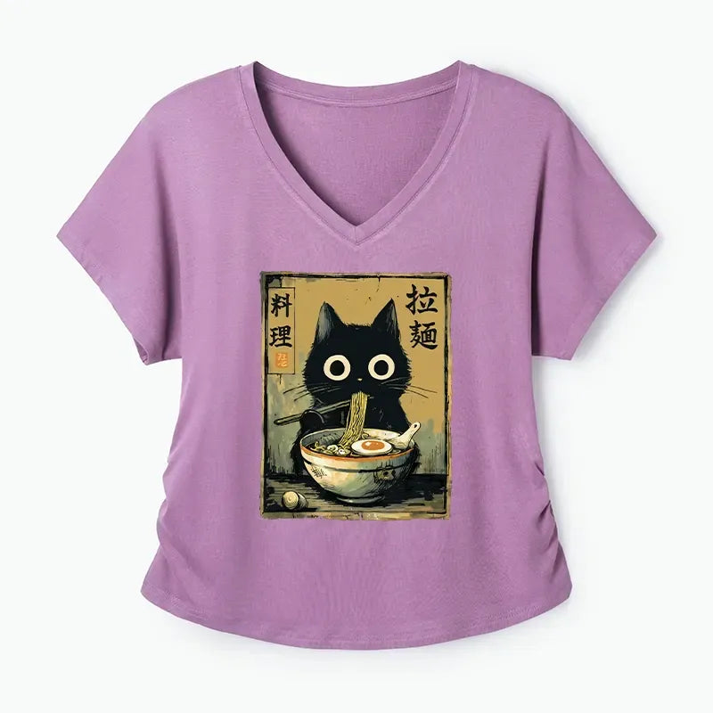 cute black cat eating ramen t-shirt