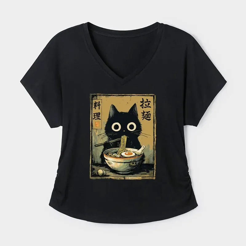 Kyoto-Lion Cute Black Cat Eating Ramen Japan Modal Dolman Sleeve T-Shirt