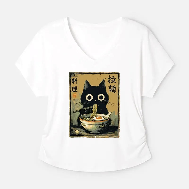 Kyoto-Lion Cute Black Cat Eating Ramen Japan Modal Dolman Sleeve T-Shirt