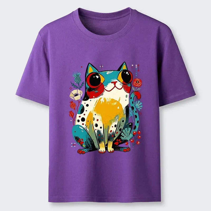 Kyoto-Lion Colorful Floral Cat Cute Folk Print Classic T-Shirt