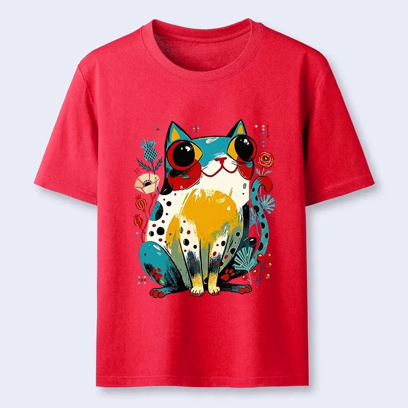 Kyoto-Lion Colorful Floral Cat Cute Folk Print Classic T-Shirt