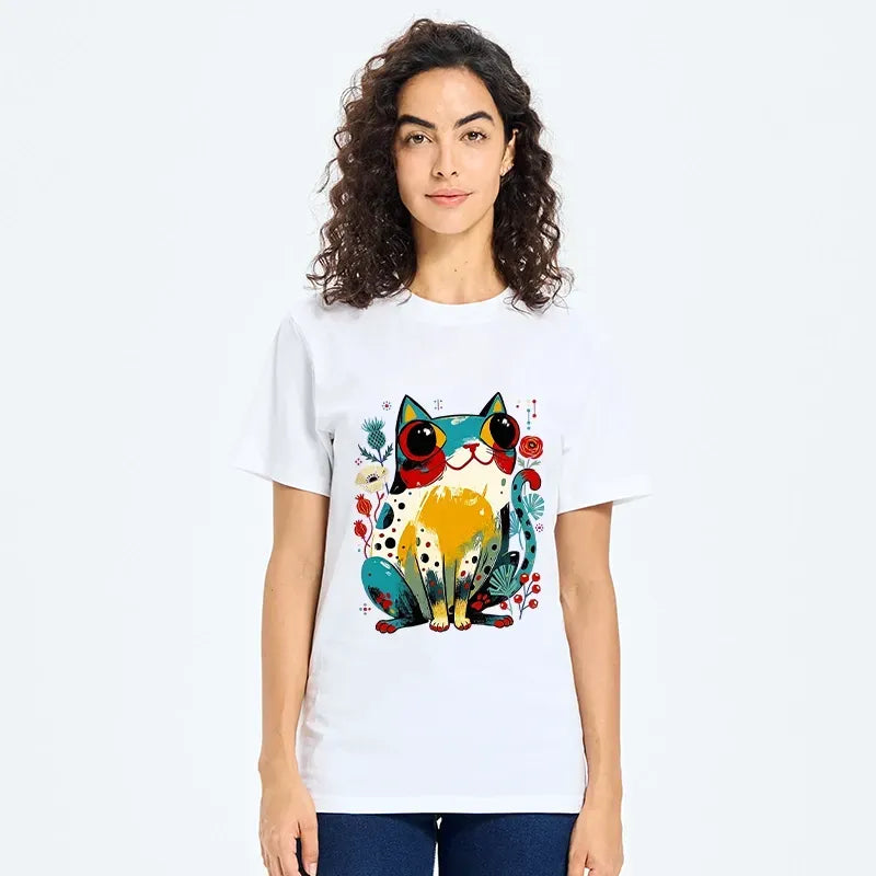 Kyoto-Lion Colorful Floral Cat Cute Folk Print Classic T-Shirt