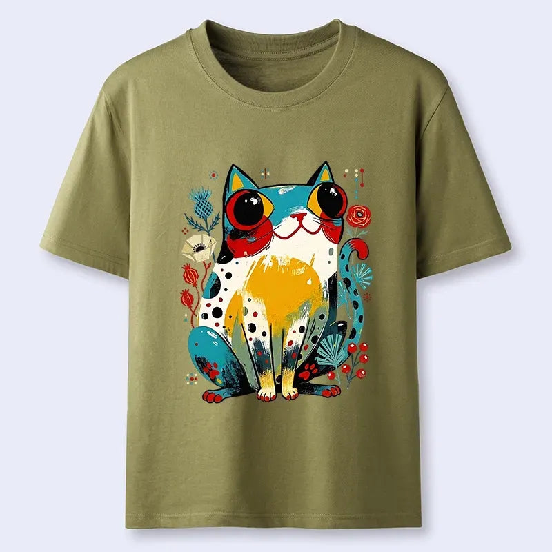 Kyoto-Lion Colorful Floral Cat Cute Folk Print Classic T-Shirt