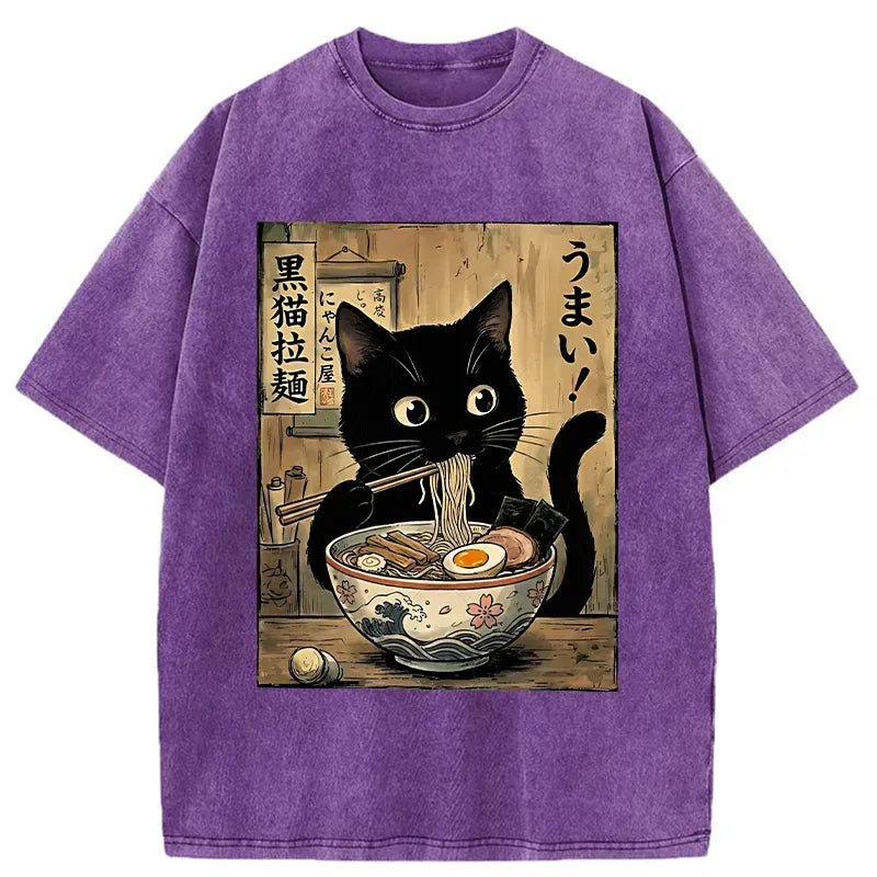 Washed Black Cat Tee for Daily Wear