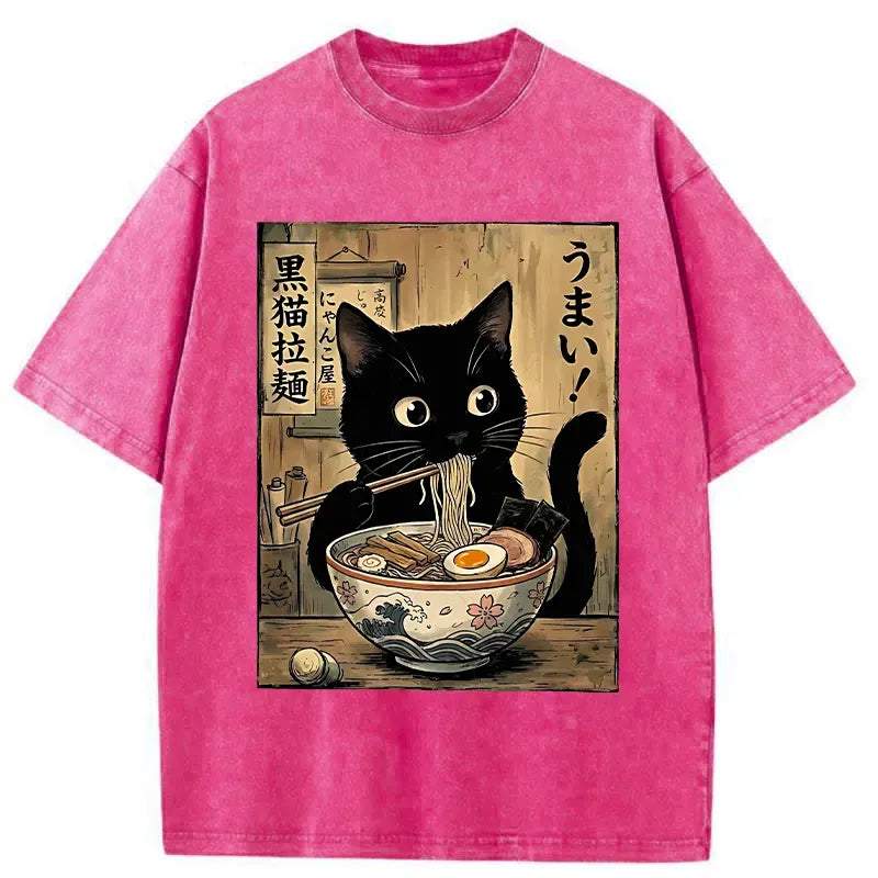 Washed Black Cat Tee for Daily Wear