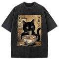 Kyoto-Lion Black Cat Eats Delicious Japanese Ramen Washed T-Shirt