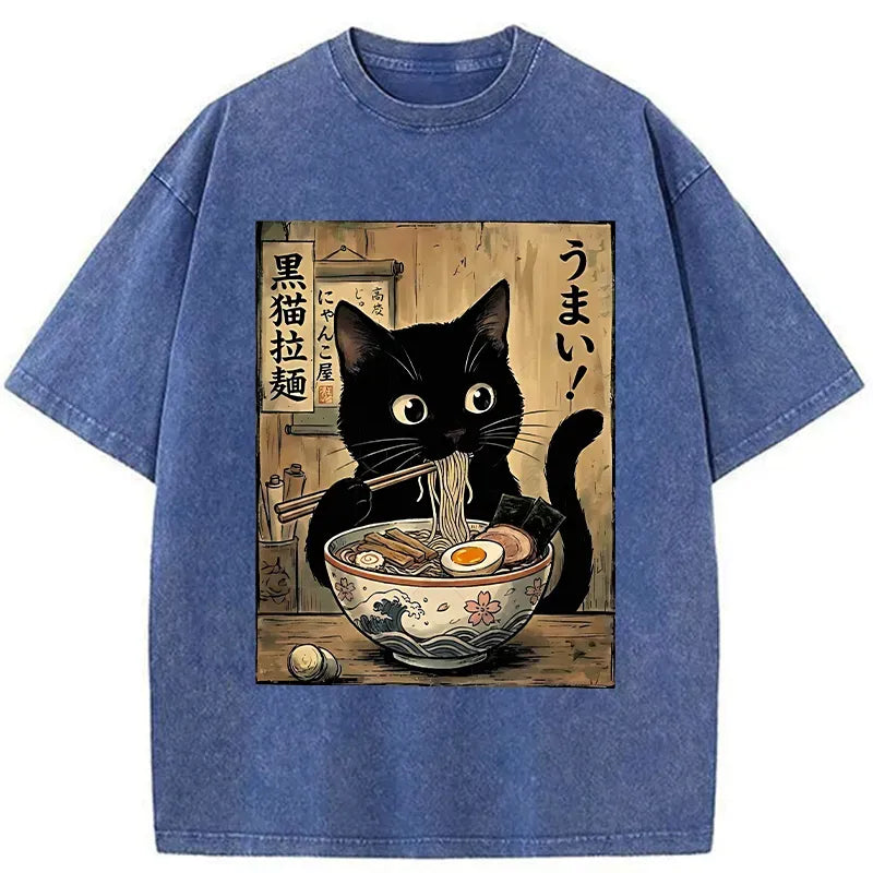 Kyoto-Lion Black Cat Eats Delicious Japanese Ramen Washed T-Shirt