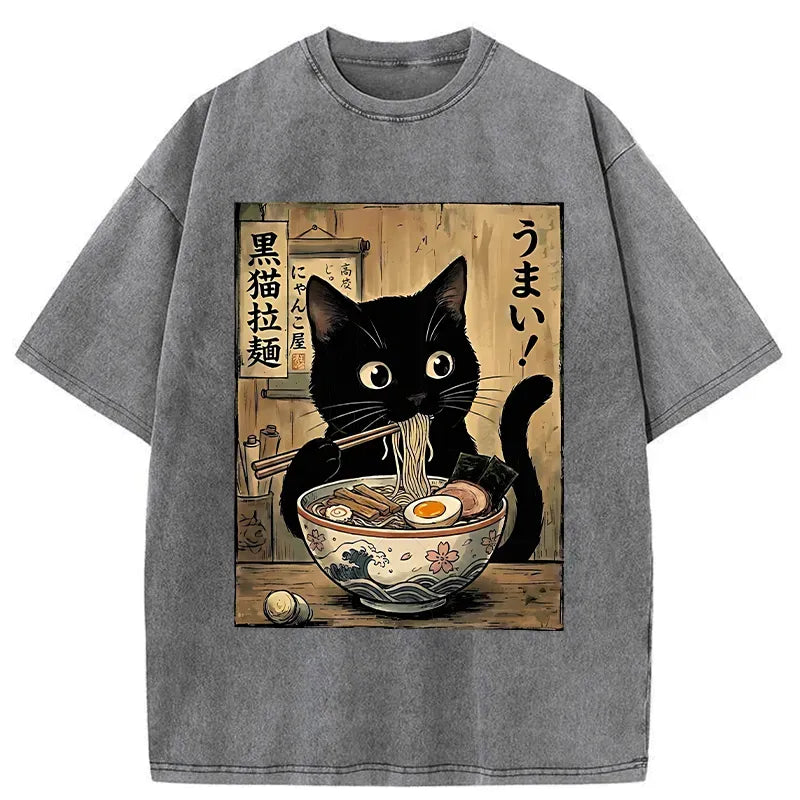 Japanese Ramen Cat T-Shirt for Streetwear