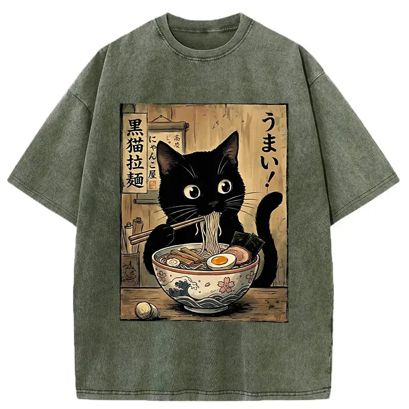 Washed Black Cat Tee for Daily Wear