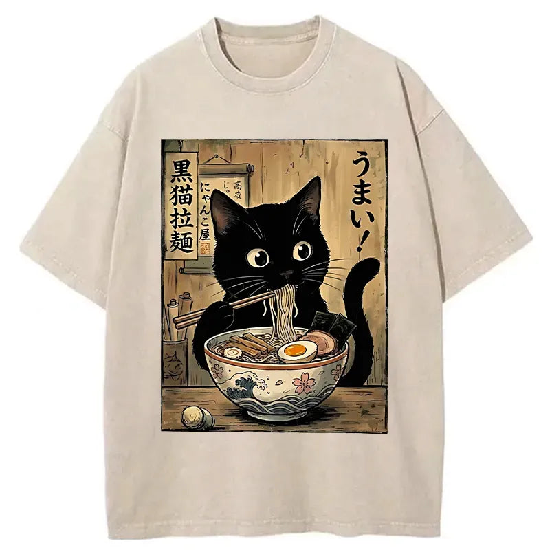 Japanese Ramen Cat T-Shirt for Streetwear