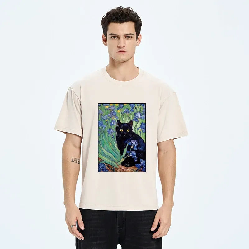 Kyoto-Lion Black Cat Hiding In Van Gogh Irises Washed T-Shirt