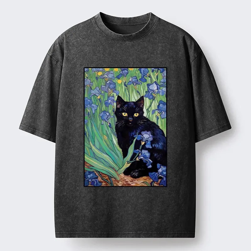 Black Cat Hiding in Van Gogh Irises T-Shirt