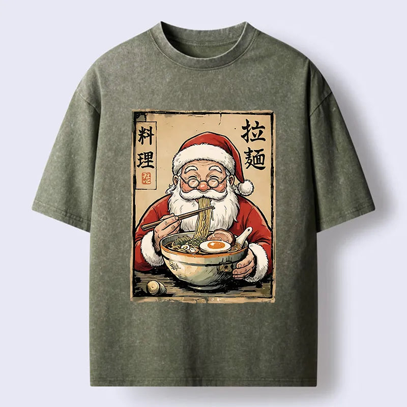 Kyoto-Lion Santa Eating Ramen Meme Washed T-Shirt
