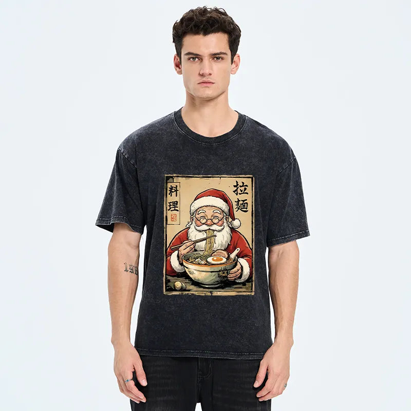 Kyoto-Lion Santa Eating Ramen Meme Washed T-Shirt