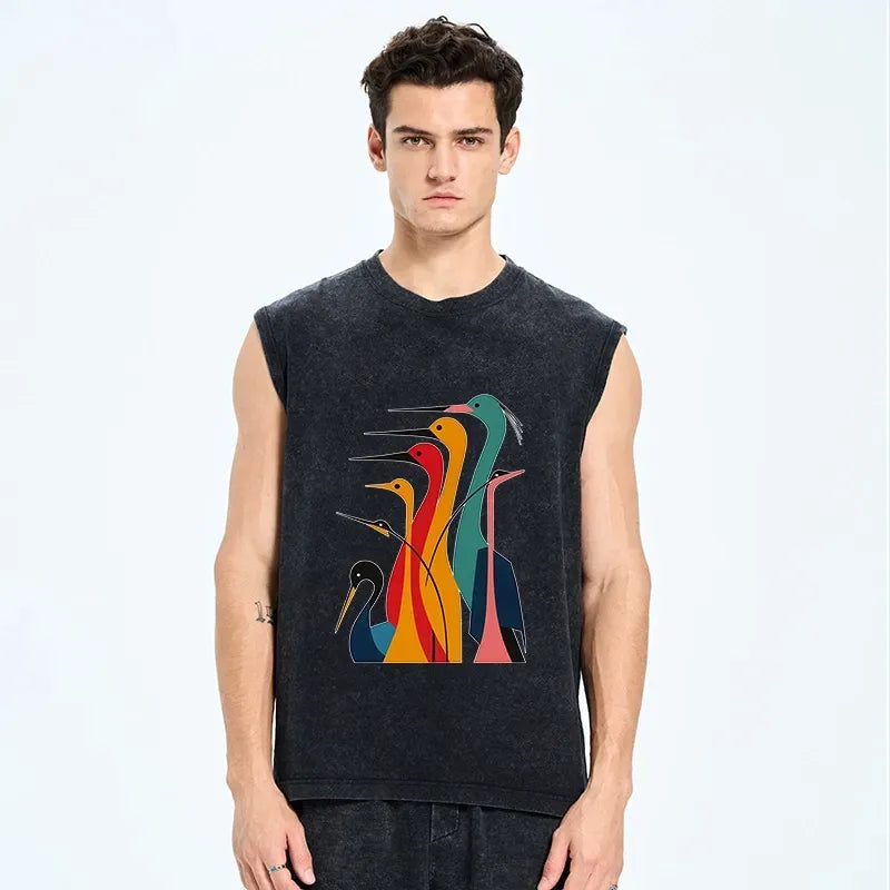 Washed tank top with crane design for summer
