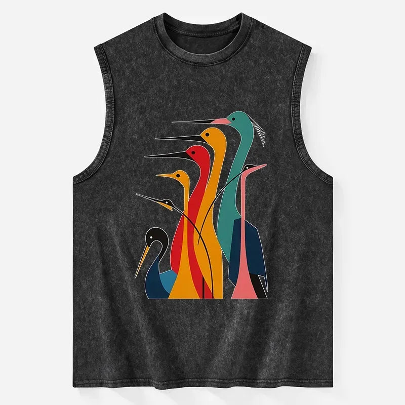 Japanese crane washed tank top for daily wear