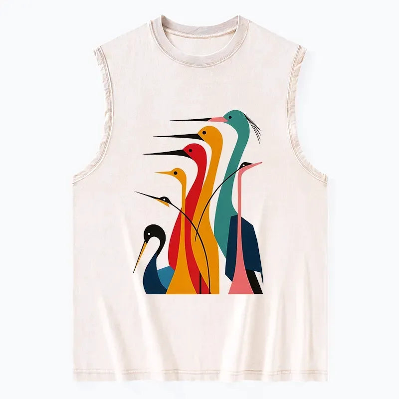 Washed tank top with crane design for summer