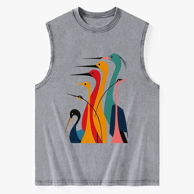 Washed tank top with crane design for summer