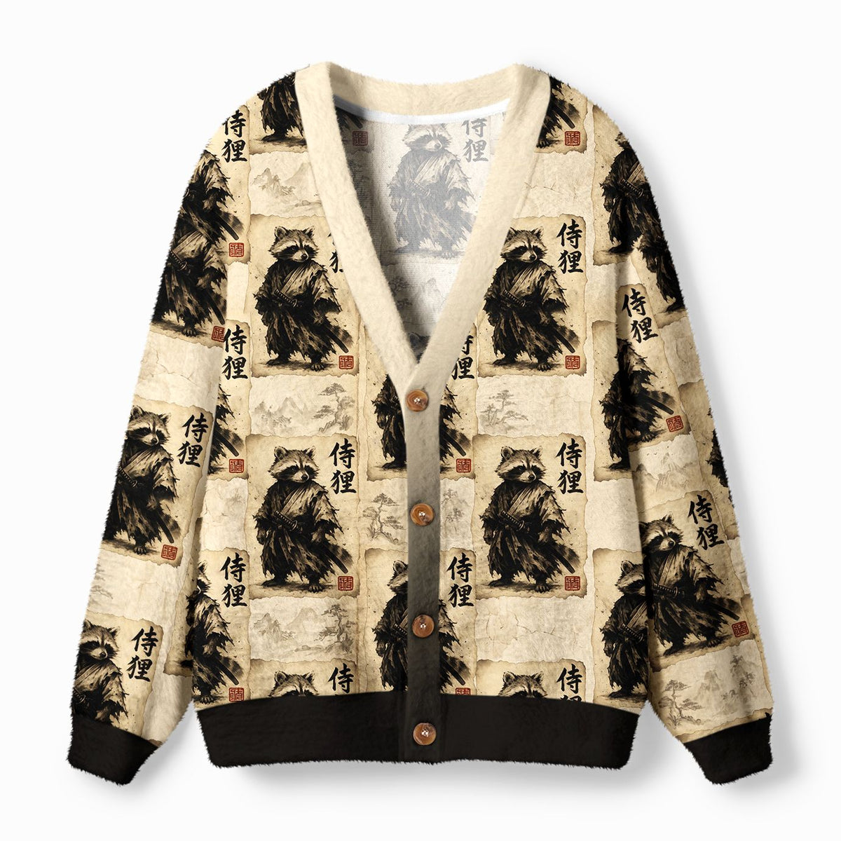 Kyoto-Lion Retro Raccoon Samurai Ugly Cardigan Sweater