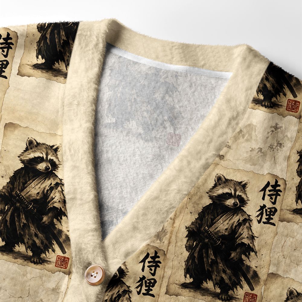 Kyoto-Lion Retro Raccoon Samurai Ugly Cardigan Sweater