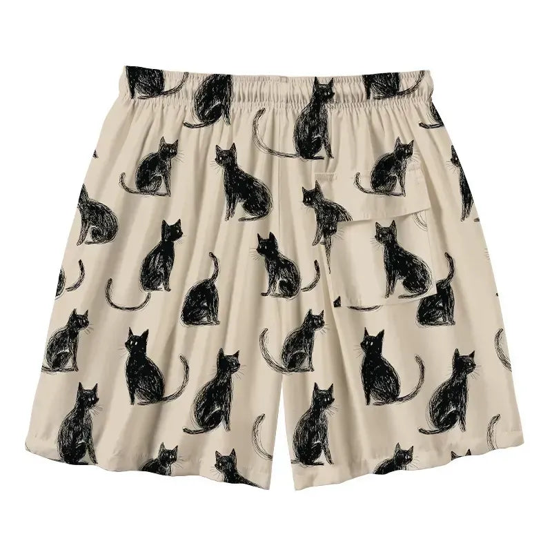 Kyoto-Lion Black Cat Beige Aloha Mens Swim Trunks