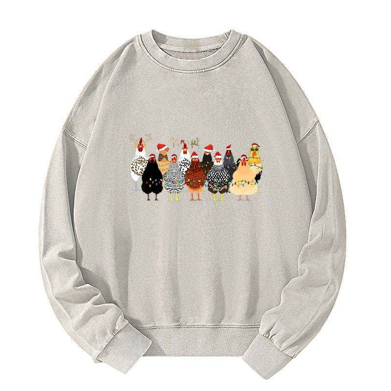 Kyoto-Lion A Flock Of Christmas Chickens Washed Sweatshirt