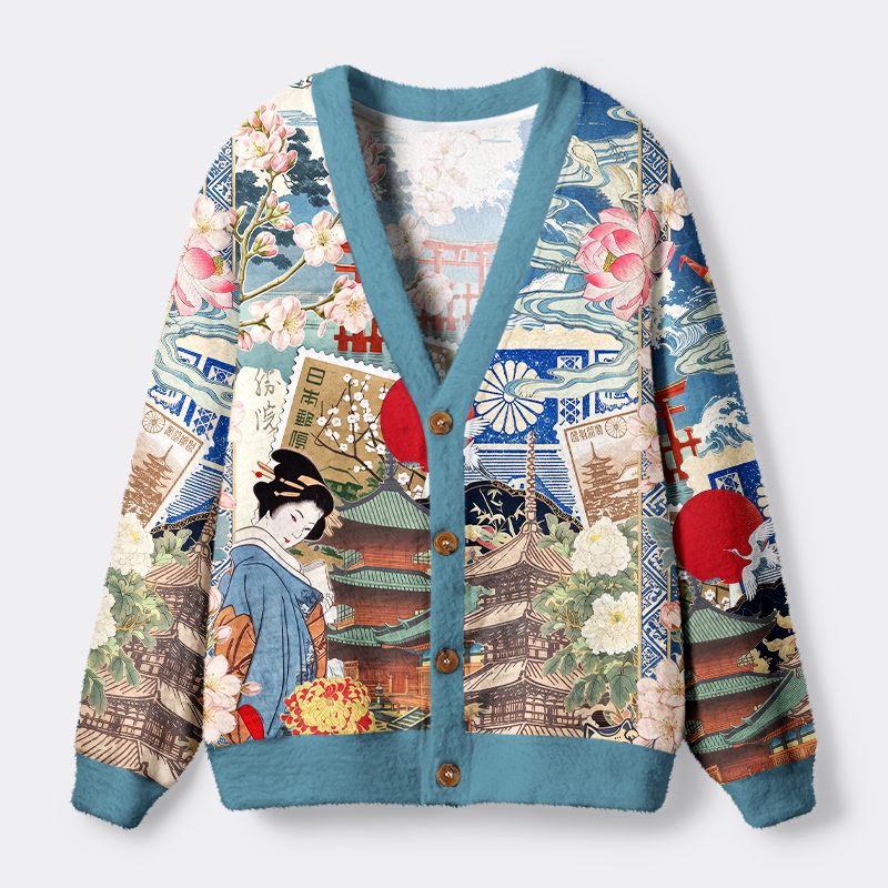 Kyoto-Lion Geisha Sakura Temple All-Over Print Ugly Cardigan Sweater