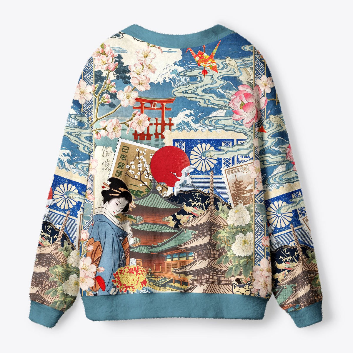 Kyoto-Lion Geisha Sakura Temple All-Over Print Ugly Cardigan Sweater