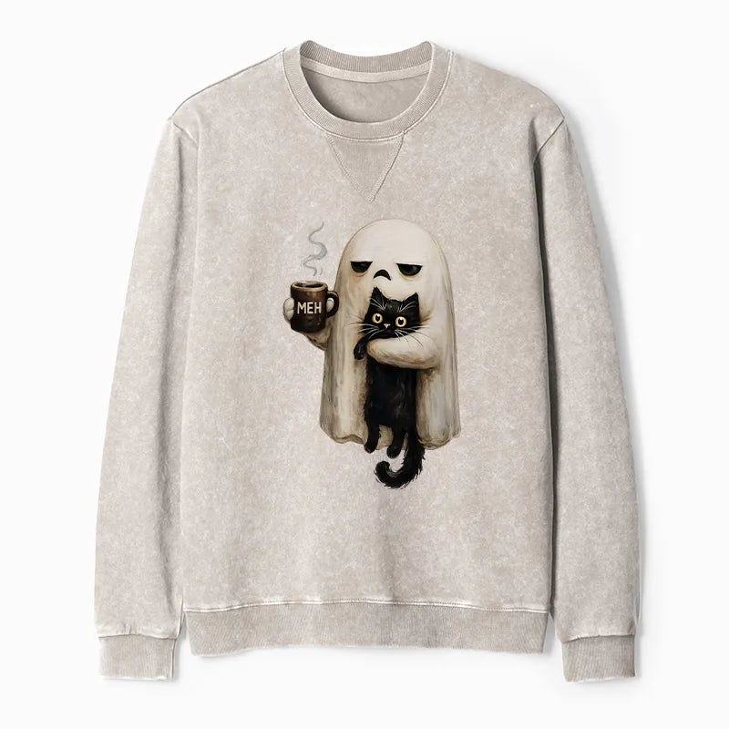Kyoto-Lion Ghost Cat Coffee Mood Washed Terry Sweatshirt