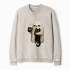 Kyoto-Lion Ghost Cat Coffee Mood Washed Terry Sweatshirt