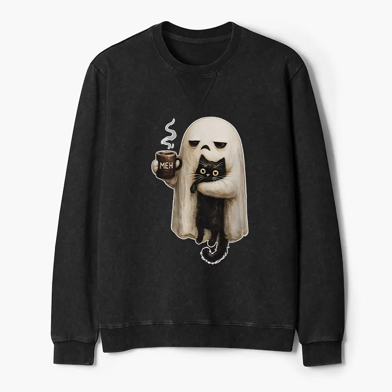 Kyoto-Lion Ghost Cat Coffee Mood Washed Terry Sweatshirt