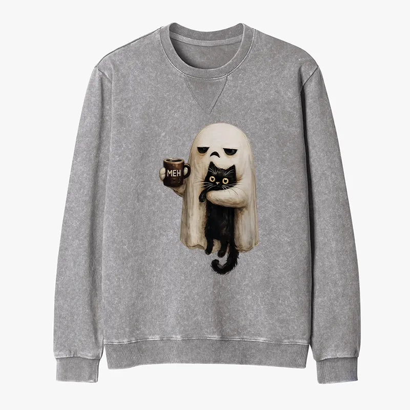 Kyoto-Lion Ghost Cat Coffee Mood Washed Terry Sweatshirt