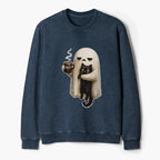 Kyoto-Lion Ghost Cat Coffee Mood Washed Terry Sweatshirt